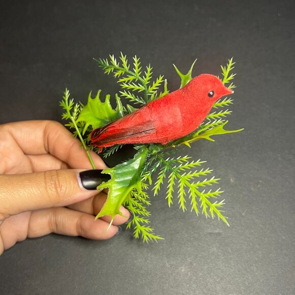 Vintage 1980s Lot of 3 Flocked & Plastic Red Cardinal Bird Christmas Ornaments - Picture 4 of 8